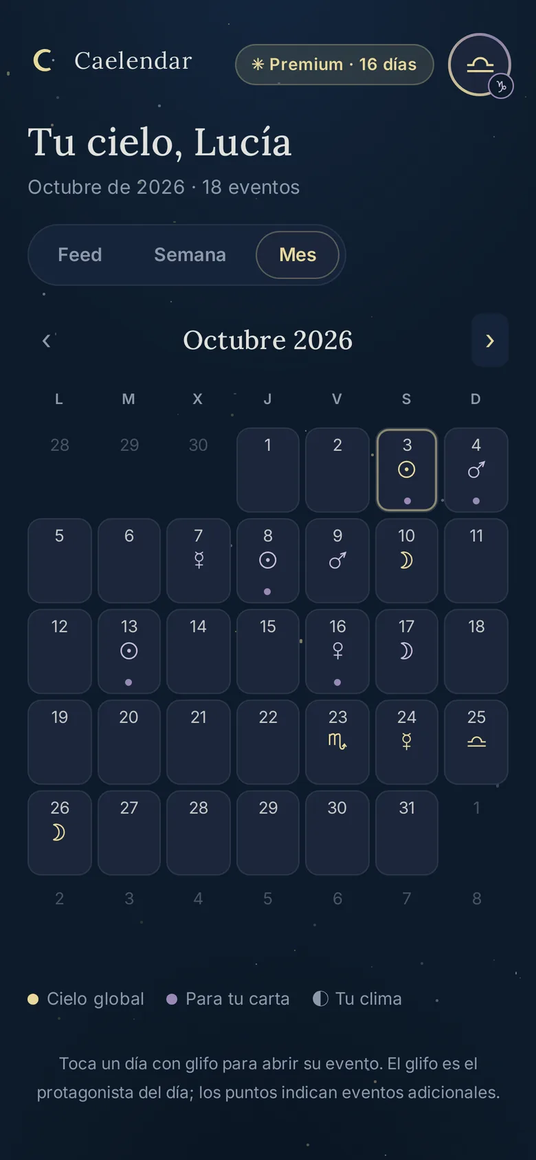 Calendario mensual de Caelendar con lunaciones, ingresos y tránsitos personales marcados en su día.