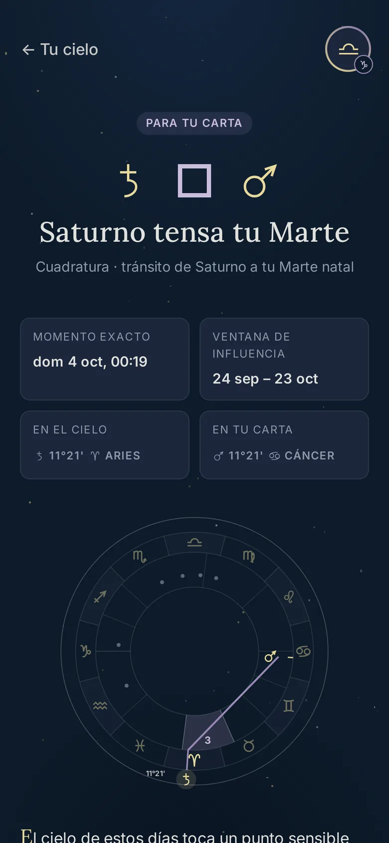Detalle de un tránsito en Caelendar: Saturno en cuadratura a Marte natal, con el momento exacto, la ventana de influencia y la rueda de la carta.